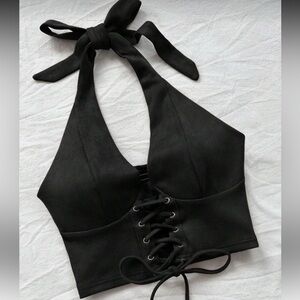 SHEIN Black Halter Lace-Up Crop Top